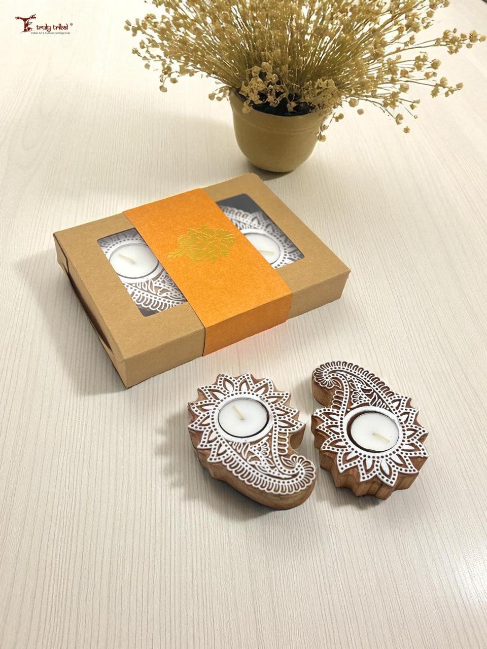 Wooden Handblock Tlight Pair